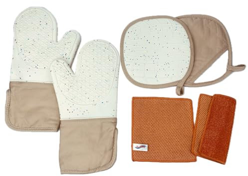 Oven Mitts & Pot Holders 6pcs Set, 13” Long Silicone Oven Gloves High Heat Resistant 500 Degrees for Kitchen Cooking Baking, with Pair of Mitts, Potholders & 2-in-1 Scrub Cloth Each (Speckled Cream)