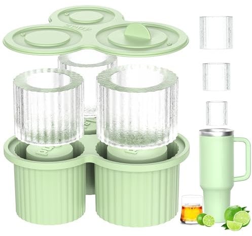 CHEORFAY Ice Cube Tray for Stanley 20–40 oz Tumbler Cups, Silicone Ice Mould with Fully Sealed Lid, Makes Large Ice Cubes in 3 Sizes – Chilling Drinks, Juice, Coffee, Water, Whiskey, Cocktails (Green)