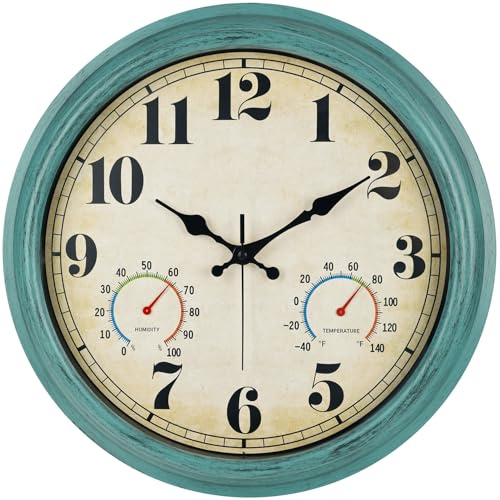 zyzamay 16 Inch Green Vintage Indoor/Outdoor Wall Clock with Thermometer & Hygrometer & Waterproof, Large Silent Sweep Numerals, Perfect for Porch, Garden, Pool