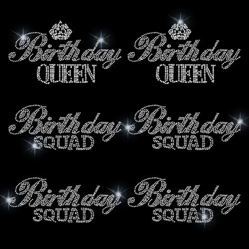 HOBBIESAY 10Pcs Iron on Birthday Queen Rhinestone Transfer Bling Rhinestone Birthday Squad Stickers Hotfix Transfer Sparkling Bedazzled Crystal Sticker for Clothing Tote Bag DIY Art Craft Gifts