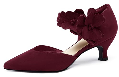 Coutgo Womens Low Kitten Heels Dressy Shoes Comfortable Closed Toe Flower Slip on Formal Party Dance Heeled Pumps, Burgundy, Size 8.5