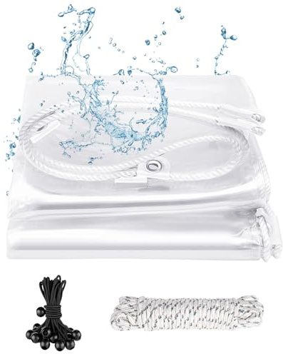 Lona Impermeable Exterior Transparente Cuerda Elástica con Pelota, 3x6m 420 g/m² PVC Lona de Protección con Reforzado Ojales, Duradera Resistente a Desgarros para Protección Multiusos Terrazas