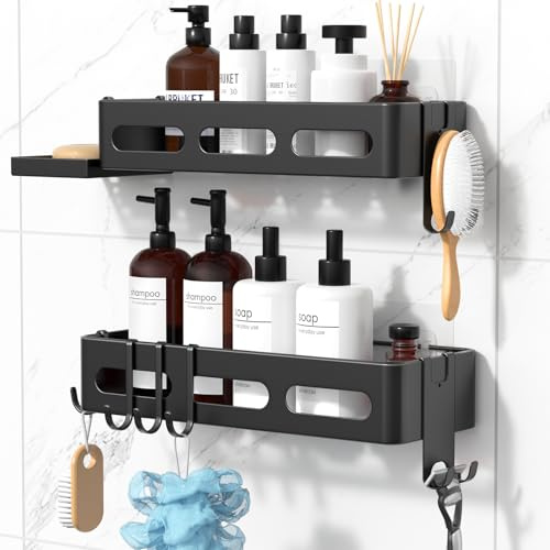 FUNPALA Duschablage ohne Bohren 2er Set – Rostfreies Duschregal Schwarz, 32 cm Badregal & Badezimmer Organizer mit Seifenkorb und 6 Haken, Große Kapazität für Shampoo und Duschzubehör