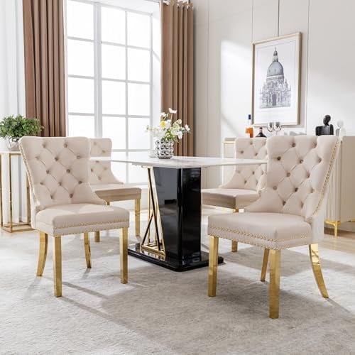 LINKHOO Chaise de Salle à Manger, avec Anneaux Ronds Uniques à l'arrière, arniture à tête de Clou, Pieds de Soutien en Acier Inoxydable doré, revêtement en Velours,4 pièces, Beige,doré