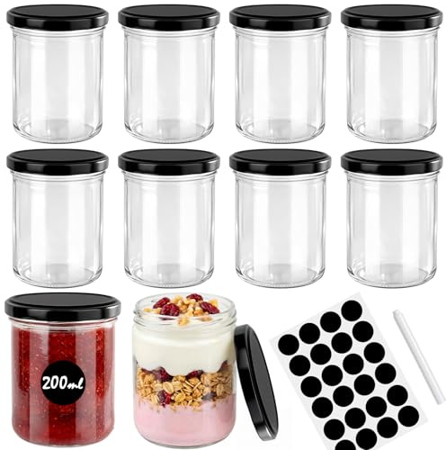 Otauoaea 10 Mini Pot Confiture 200ml, Petit Pot en Verre avec Couvercle à Vis, Bocaux en Verre Conserve avec Étiquettes et Stylos, Bocal Verre Hermétique pour Miel, Yaourt, Conserves