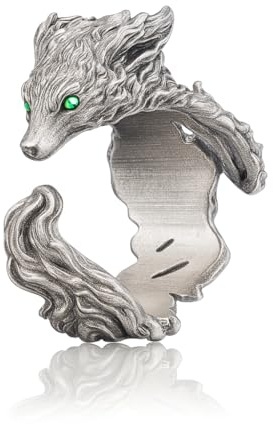 Generisch 925 Silber Fuchsr ing für Damen und Herren, Verstellbarer Offener Ring mit Grünen Zirkonia-Augen, Handgefertigter Tierring im Nordic Fantasy Stil, Geschenk für Tierliebhaber