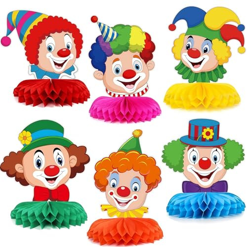 Clown Tischdeko Karneval,6 Stück Karneval Bienenwaben Tischdeko,3D Wabenbälle Clown Deko,Tischdekoration Faschingsdeko,Bienenwabe Mittelstücke,Tischdekoration für Fasching Zirkus Deko Gartenparty