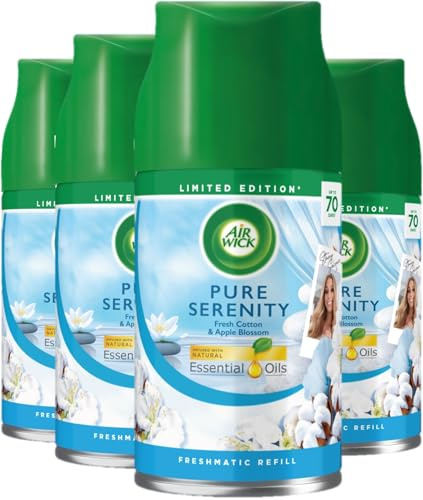Air Wick Freshmatic Auto Spray Refill, Pure Serenity, 4 x 250ml | Freshmatic automatic air freshener refill with 24/7 odour stop technology; up to 280 days of fragrance, no wet spray