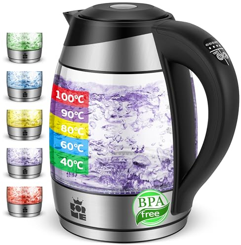 FOR ME Glas Elektrischer Wasserkocher mit Teesieb 1,8L, Temperatureinstellung, Temperaturwahl 40°C bis 100°C, 5 Farben LED-Beleuchtung, Warmhaltefunktion, BPA Frei