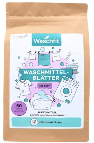 Waschfit Waschmittelblätter | 60 Universal Waschstreifen mit Duft | Waschmittel für Bunt-, Hell- & Dunkelwäsche | löst sich komplett auf, sorgt für frische Wäsche mit Duft & reduziert Müll