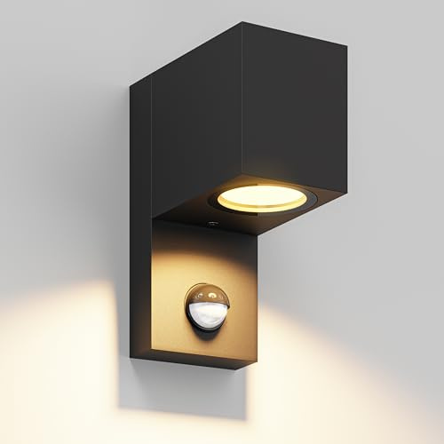 ledscom.de Außen-Wandleuchte ALSE, IP54, Downlight, PIR Bewegungsmelder, GU10 Fassung (max. 15 W), 230V AC, Aluminium, schwarz matt, eckig, 6,8 x 15,2 x 12 cm