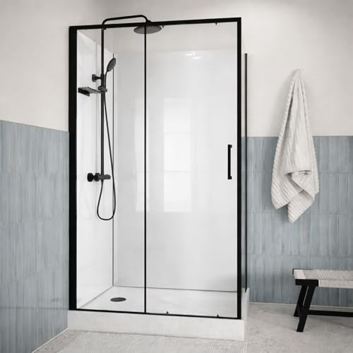 Cabine de Douche Rectangle 115x90 - Colonne Thermostatique Noire et Receveur Haut Effet Pierre