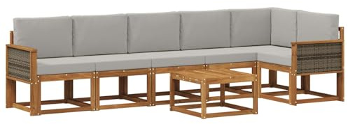 vidaXL Outdoor-Sofagarnitur 7 pcs Natürlich und Hellgrau Polyester, Modernes Garten-Sofa Set, wetterfestes Möbel, Sektional für die Terrasse, Akazienholz, Entspannung im Freien