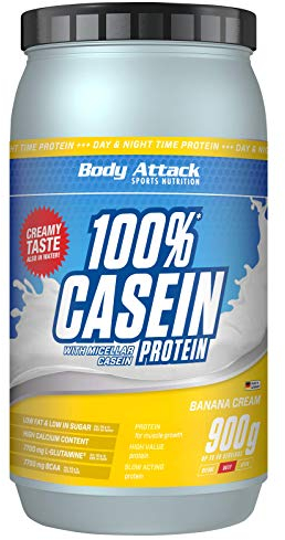 Body Attack 100% Caseine Proteine, Acides aminés-Proteines musculation, Low Carb - Prise de masse -Pour sportifs, athlètes et les personnes soucieuses de leur silhouette-900g protein powder- banane