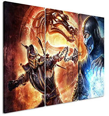 Leinwandbild 3 teilig Mortal_Kombat_Fight_3x90x40cm (Gesamt 120x90cm) _Ausführung schöner Kunstdruck auf echter Leinwand als Wandbild auf Keilrahmen
