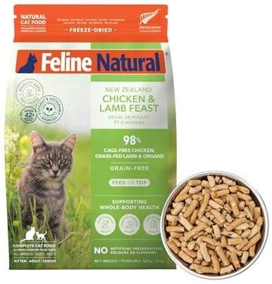 Feline Natural High Protein Dry Cat Food, Freeze-Dried Diet with 98% Meat, Organs & Seafood, No Peas, Grains, or Artificial Additives, Made in New Zealand, Chicken & Lamb, 11oz
