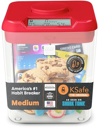Kitchen Safe mit Zeitschloss-Container (Medium), Zeitschloss-Box für Handys, Snacks und andere unerwünschte Versuchungen (roter Deckel + 13.97cm klarer Behälter)