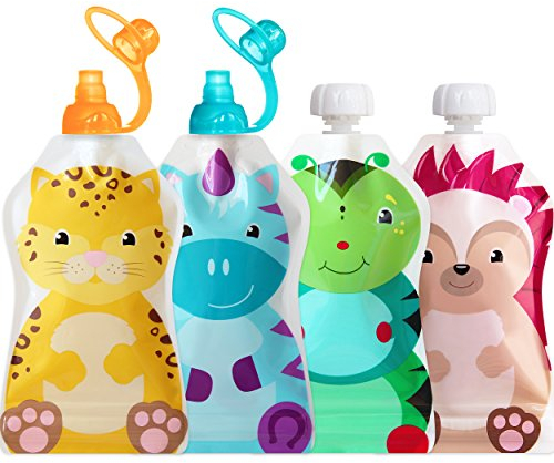 ChooMee Wiederverwendbare Baby Lebensmittel Quetschbeutel + 2 Sipn Ventil Tops Zu Sichern, Doppel-Reißverschluss 5 Unzen 4 Beutel + 2 Sipn