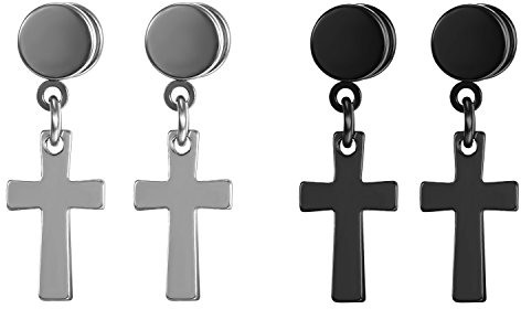 JewelryWe Kreuz Ohrstecker Tunnel Ohrringe: 2 Paare Herren Damen Edelstahl Kreis Runde Fake Ohr Plugs Ohrstecker Ohrhänger mit klassischem Kreuz Anhänger Schraube Helix Tragus Piercings Schwarz Silber
