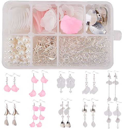 SUNNYCLUE 1 Box DIY 10 Paar mattierte Acryl Calla Lilie Blume baumeln Ohrringe Bastelset beinhaltet rosa weiße Acryl Blumen Perlen Kappen Anhänger Perlen Ohrring Haken Schmuck Findings Supplies