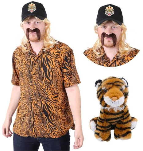 Adults Tiger Keeper Costume - Tiger Print Shirt, Blonde Mullet Wig, Black Hat with Tiger Design, Brown Moustache, Tiger Plush Toy - Adults TV/Film Fancy Dress Costume