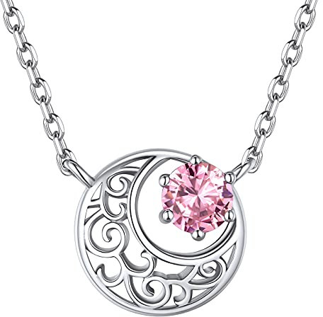 Collier Argent Femme,Pendentif Lune Celtique avec Pierre Tourmaline Rose Brillante, Chaine Ajustable 45+5cm,Bijoux Amulette de Protection Idée Cadeau pour Fille Femme Maman