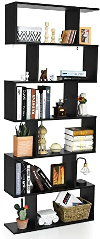 GIANTEX Bücherregal 6 Ebenen, Standregal Büroregal Holz, Aktenregal freistehend, Ausstellungsregal Lagerregal schmal im Industrie Design, Holzregal Allzweckregal in S-Form (schwarz)