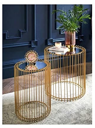 spot on dealz® Nesting Tables Set of 2 Round End Tables Living Room Wire Coffee Table Cage Gold Bedside Glass Mirrored Top Caged Side Free standing Indoor Furniture