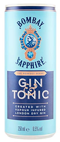 Bombay Sapphire Premium Gin & Tonic, cocktail pronto da bere premiscelato in lattina, London Dry Gin infuso al vapore, aromi naturali e acqua tonica premium, Vol. 6,5%, 25 cl / 250 ml