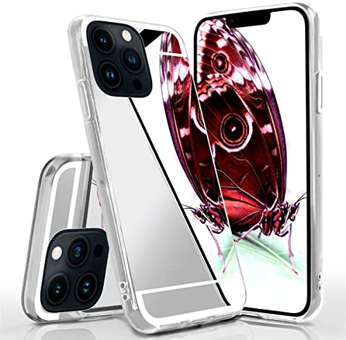 moex Mirror Case für iPhone 13 Pro Hülle mit Spiegel und erweitertem Kantenschutz aus Silikon, Handyhülle verspiegelte Rückseite, Stylische Handy Schutzhülle dünn, Silber