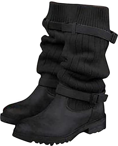 Onsoyours Stivali da Donna Alti Chic ed Eleganti Lavorati a Maglia con Fibbia Stile Vintage Invernali Caldi Nero 41 EU