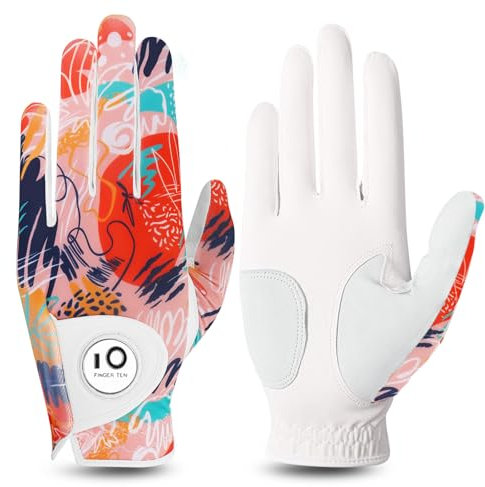 FINGER TEN Golfhandschuhe Damen Leder Links Rechts Hand Golfhandschuh Golf Handschuhe mit Ball Marker Wert 1 Stück Handschuh, Rain Grip Griff Linke Rechte Golfer (Hell Orange, M, Links)