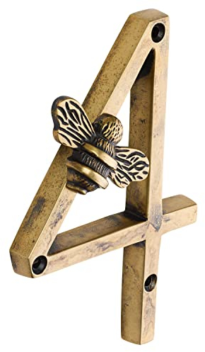 Heritage Brass bee House Number with Bee design | 5 inch Modern Door Sign Numbers Signs Plaques | Street Home Address Numerals (4)