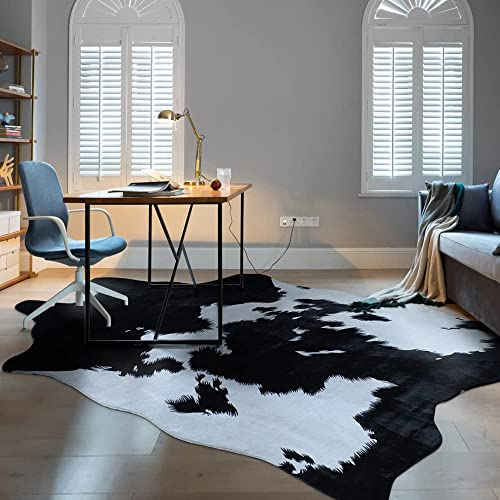 Rugoo Black Faux Cowhide Rug 8.3 ft x 6.2 ft - Cow Print Animal Skin for Living Room, Bedroom, Nursery