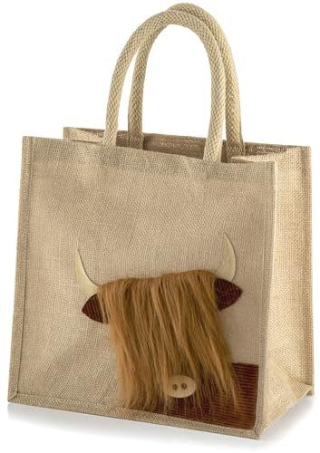 Jute-Einkaufstasche – Hochlandkuh, natur, M, Größe M: 30 x 30 x 23 cm