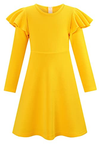 SFreeBo Girls Yellow Dress Kids Party 9-10 Years Girls Flutter Long Sleeve Skater Party Dress Kids Plain A-line Dresses