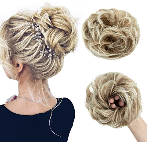 Rich Choices Haarteil Echthaar mit Gummiband, VOLUMINÖS Dutt Haarteil, Haargummi mit Haarn, Hair Bun, 55g Kaffee braun Gebleichtes Blond