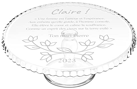 Maverton Plateau à gâteau Rond - Plat sur Pied avec Gravure pour Elle - Présentoir gâteau personnalisé - pour Femmes - Souvenir pour Anniversaire - Assiette décorative - Floral