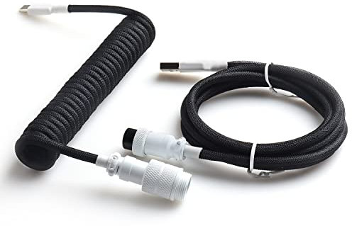 Coiled Cable With Detachable Aviator Connector USB-C Double Sleeved Cable For Custom Gaming Mechanical Keyboard (Color : White Plug Black)