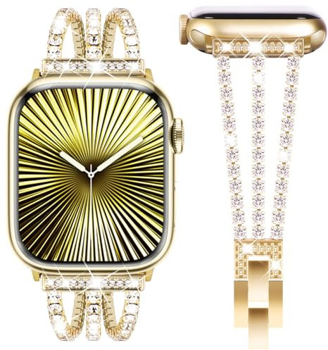 Fullife Metall Armband Kompatibel mit Apple Watch 42mm(Serie 10) 41mm 40mm 38mm Damen,Bling Glitzer Edelstahlarmband Kompatibel mit iWatch Series 10/9/8/7/6/SE/5/4/3/2/1,Gold