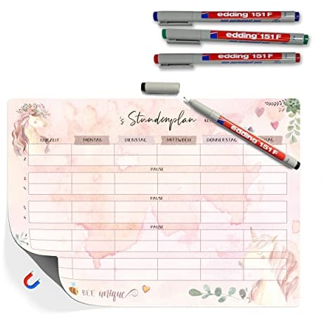 TOBJA Magnetischer Einhorn Stundenplan A4 - Inkl. 4 wasserlösliche Markenstifte | Einschulungsgeschenk für Mädchen