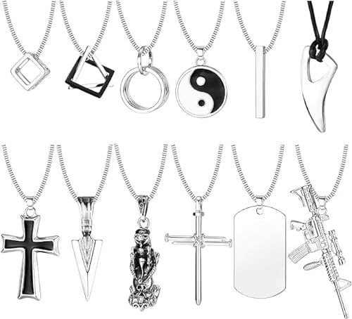 JeryWe 12Pcs Cool Goth Halskette Set für Männer Junge Schwarz Silberne Halskette Schmuck Geschenke Funky Kreuz Hundemarke Yin Yang Dreieck Anhänger Kette Halskette Set
