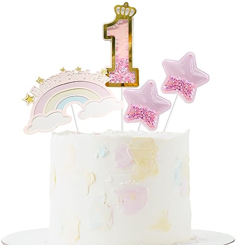 4PCS 1st Birthday Cake Toppers Rainbow Little Stars for Birthday Party Wedding Anniversary Baby Shower Decoration (pink)
