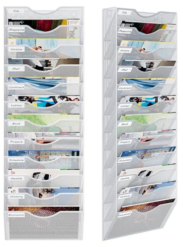 PAG-Mass 12 Fächern Hohe Kapazität Document Wand Organizer Hängend,Hohe Qualität Metall Zeitschriftenhalter Wand für Büro/Studium/Zuhause,Weiß