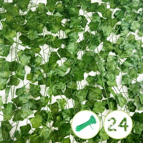 Nutabevr 24 pièces Guirlandes de Lierre Artificiel, Vignes Faux Tombante Réalistes, Guirlande Vigne Décoration avec Lot de 50 Serrecâble, pour Décoration Chambre et Jardin Intérieure, Fête, Mariage