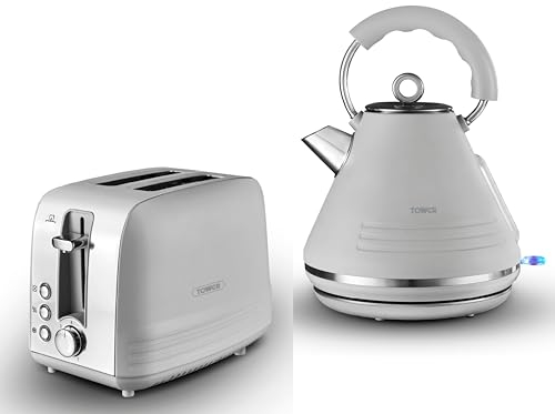 Tower Ash Grey 1.7L 3KW Pyramid Kettle & 2 Slice Toaster. Contemporary Matching Kettle & Toaster Set in Grey