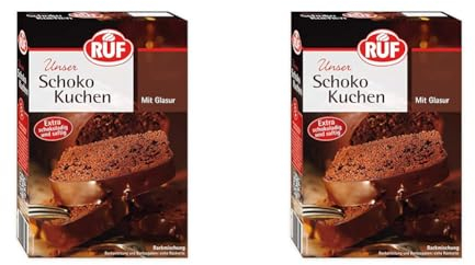 RUF Schokoladen-Kuchen, Backmischung mit einfacher Zubereitung für schokoladigen und saftigen Lieblingskuchen mit Kakao-Glasur, 1 x 475g (Packung mit 2)