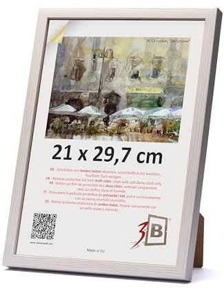3-B Bilderrahmen MEGA - Weiß mit optischer Holzmaserung - 21x29,7 cm (A4) - Holzrahmen, Fotorahmen, Dokumentenrahmen mit Acrylglas
