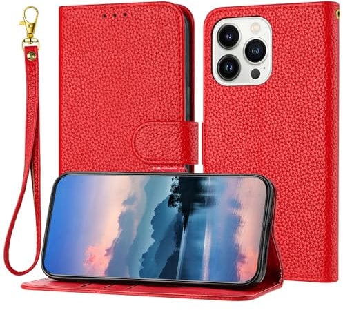 Bear Village Case for iPhone 14 Pro Max Case, PU Leather Wallet Case with Card Holder and Strap, Shockproof Protective Case with Stand for iPhone 14 Pro Max, Red