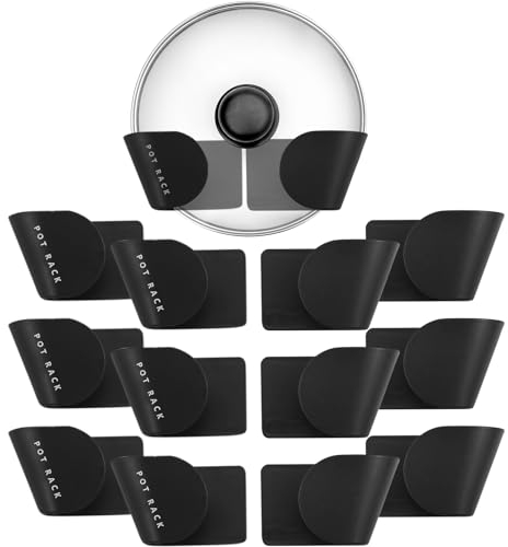 MAOQYE 12Pcs Pot Lid Racks Wall Mount Pan Lid Holder Punch-Free Pot Lid Storage Organizer Adjustable Hanging Pan Cover Organizer Plastic Cutting Board Storage for Home Kitchen (Black)